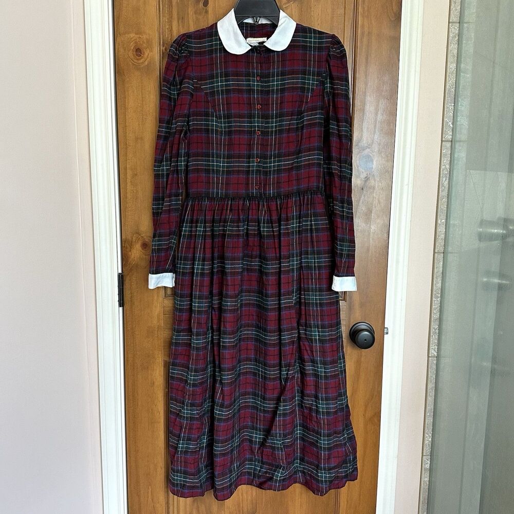 Vtg Laura Ashley Maxi Dress 10 Plaid Tartan Wool Cotton Long Sleeve Side Zip